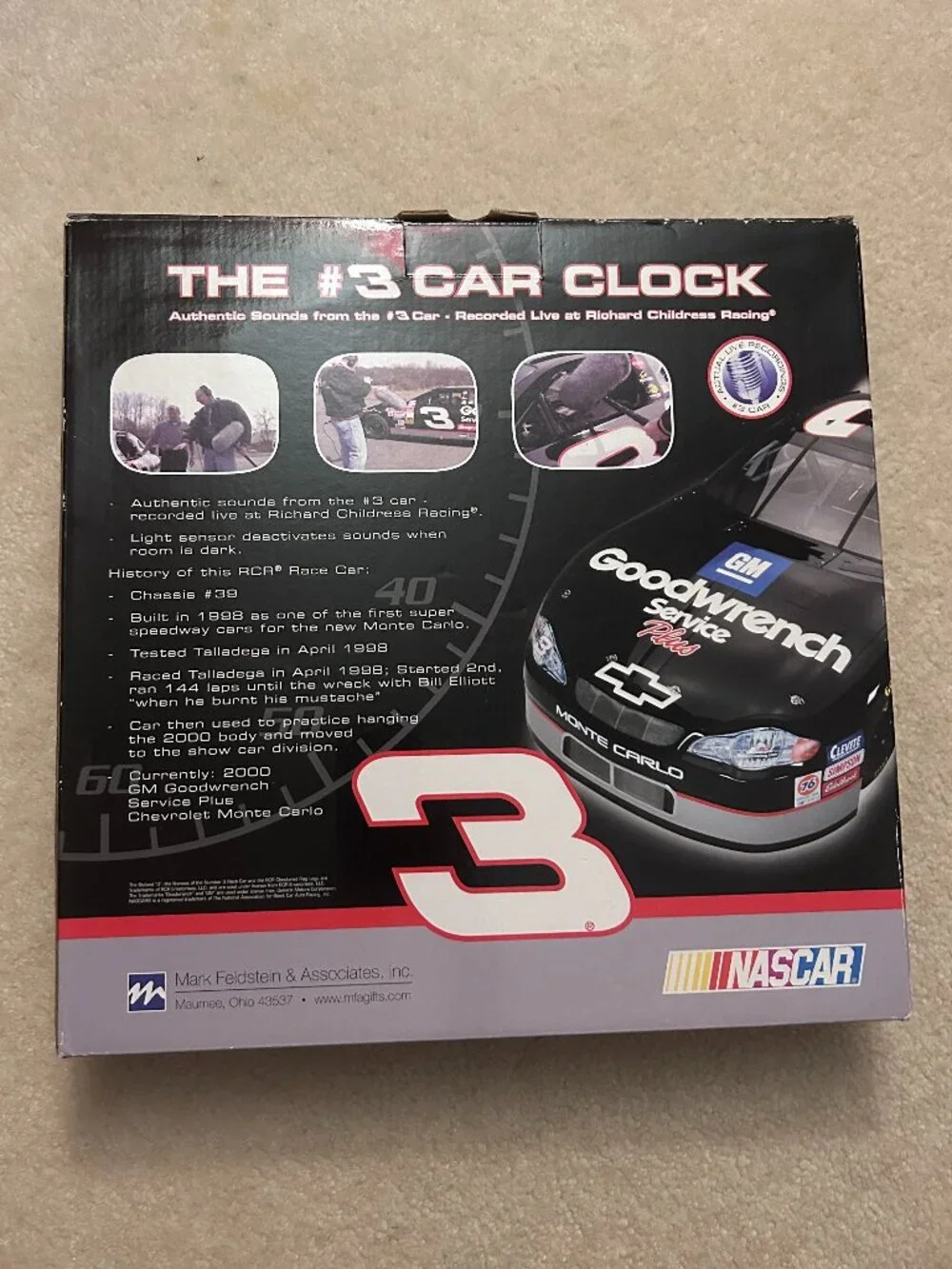 Dale Earnhardt #3 Car Clock with Authentic Engine Sounds- NASCAR RCR, In Box
